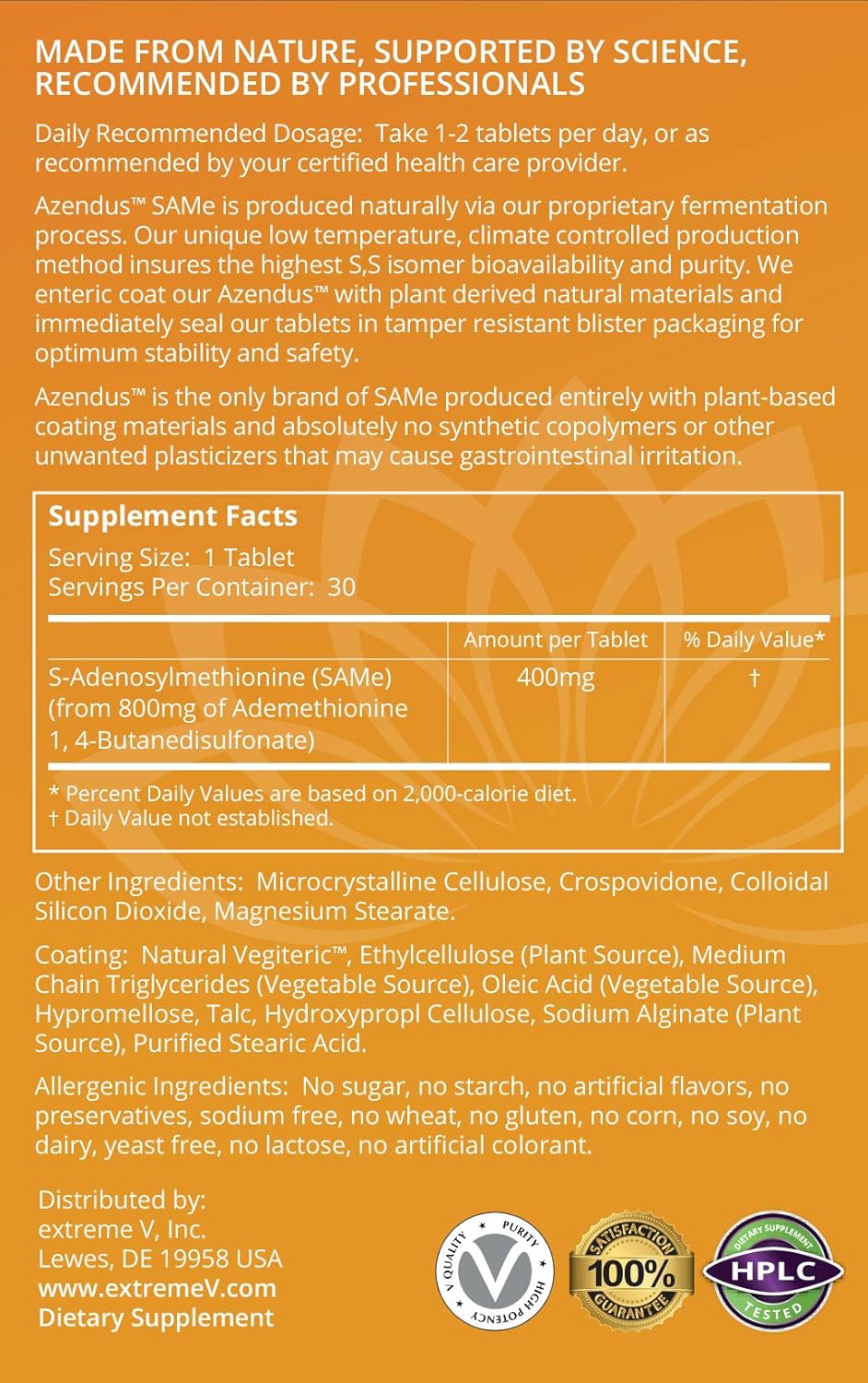 Physician Trusted Azendus SAM-e Joint Support Tablets, 400mg, 30 Count, Enteric Coated, #1 Recommended Joint Supplement