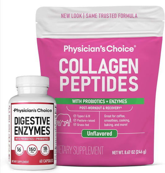 Physician's CHOICE Gut Health Bundle: Collagen Peptides Powder & Digestive Enzymes for Digestive Comfort & Joint Support