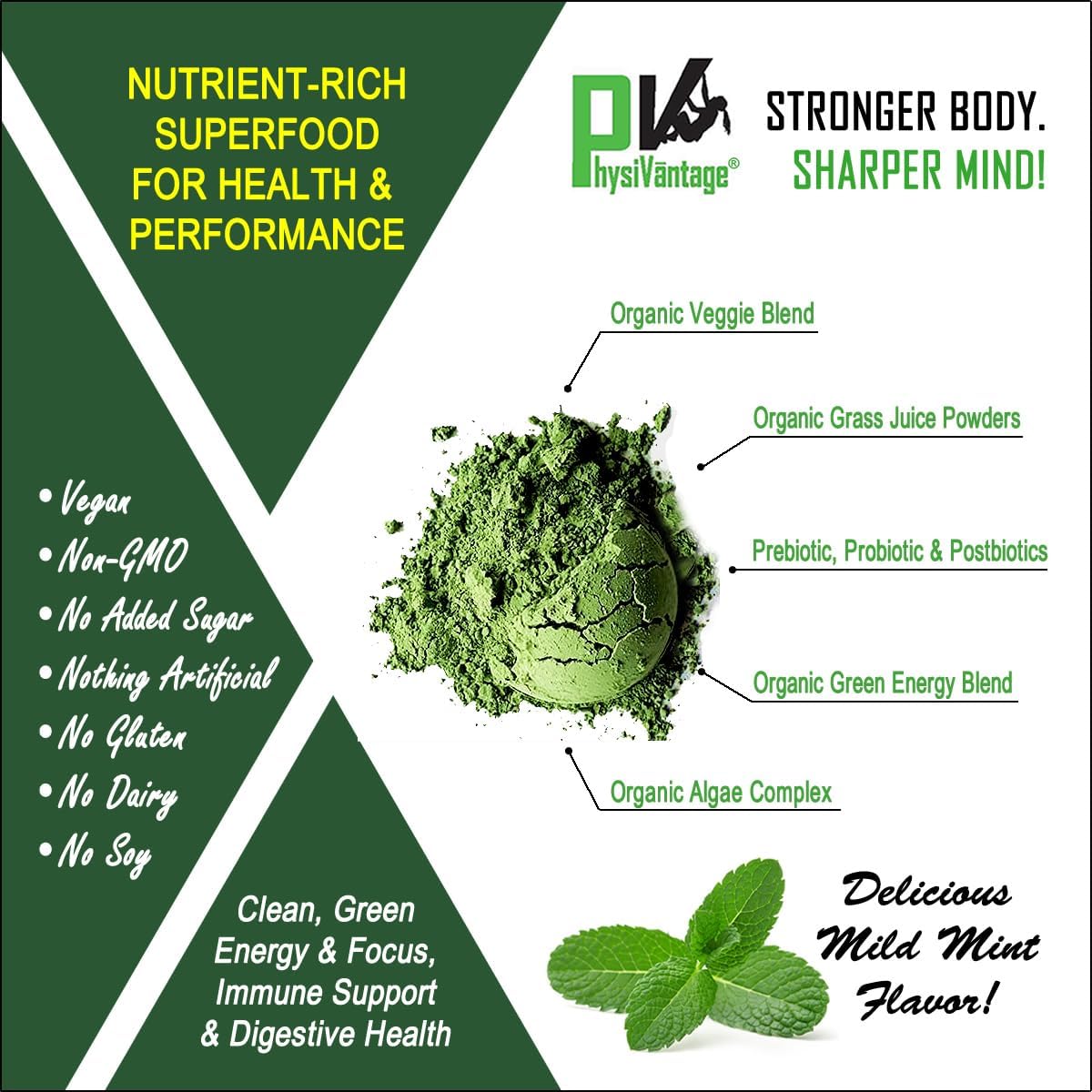PhysiVantage Greens Superfood Powder with Prebiotic Fiber, Probiotics, and Spirulina - Vegan Energy Boost with Gut Health Support - Mild Mint Flavor - 25 Servings