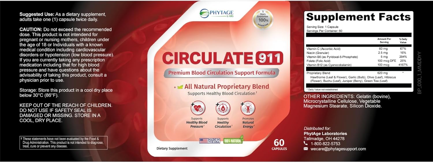 Phytage Labs Circulate 911 Supplement - Natural Antioxidant for Blood Flow & Immune Support - 60 Capsules