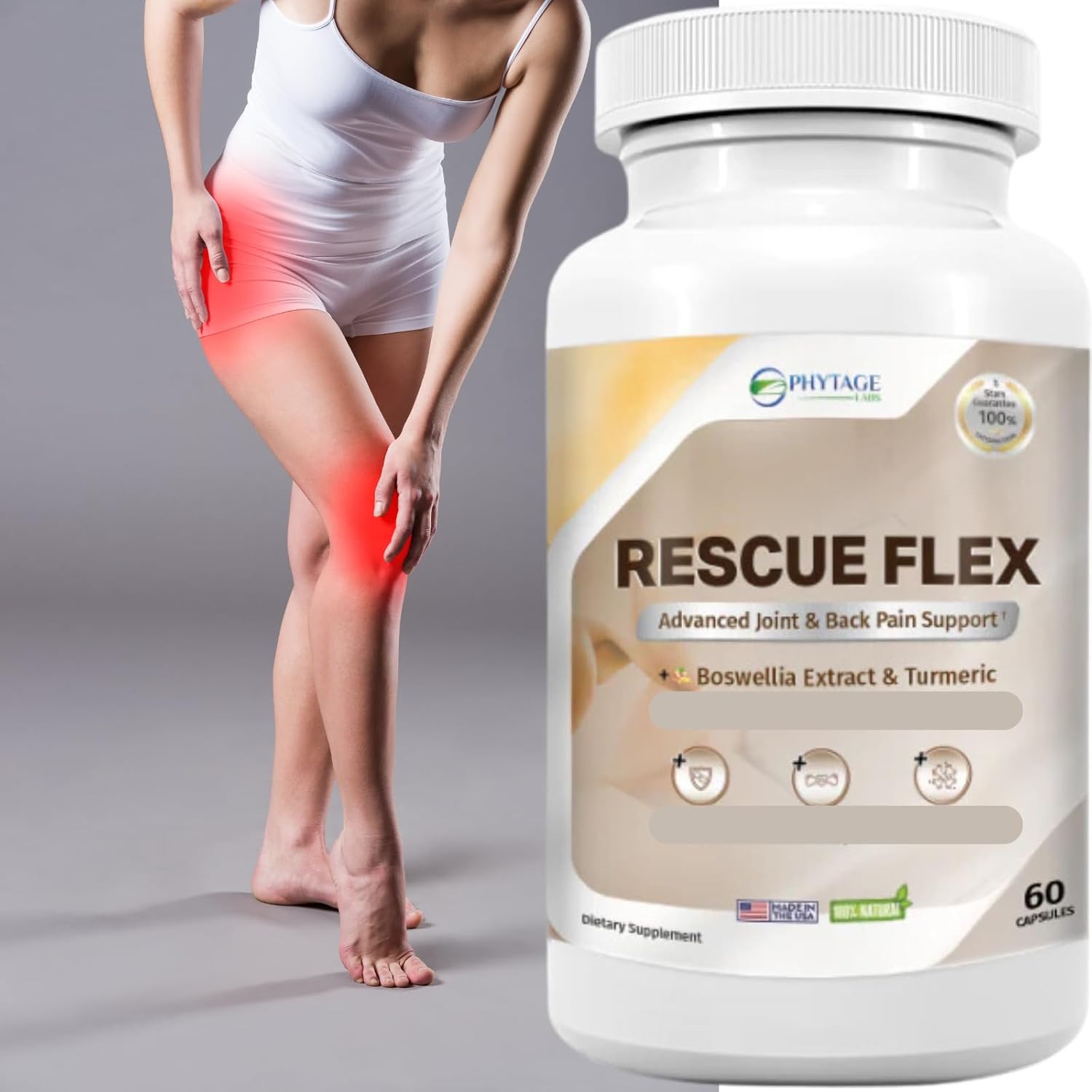 Phytage Labs Rescue Flex Joint Health Capsules with Boswellia, MSM, Turmeric for Back, Bones, Mobility - 60ct