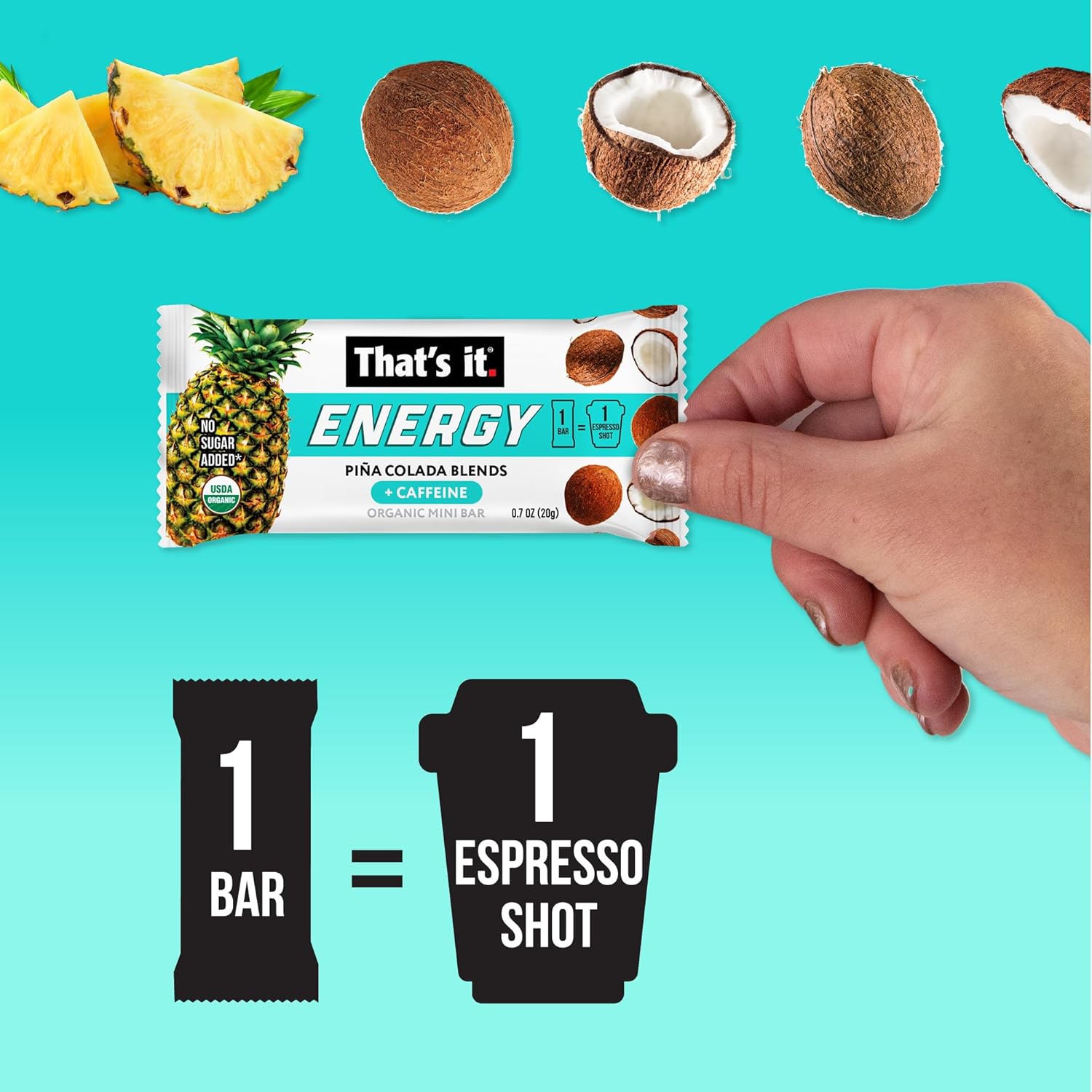 Piña Colada Energy Mini Bars (15 Count) - Pineapple Coconut Caffeine Blends, Allergy-Friendly, Non-GMO, Gluten Free Snacks