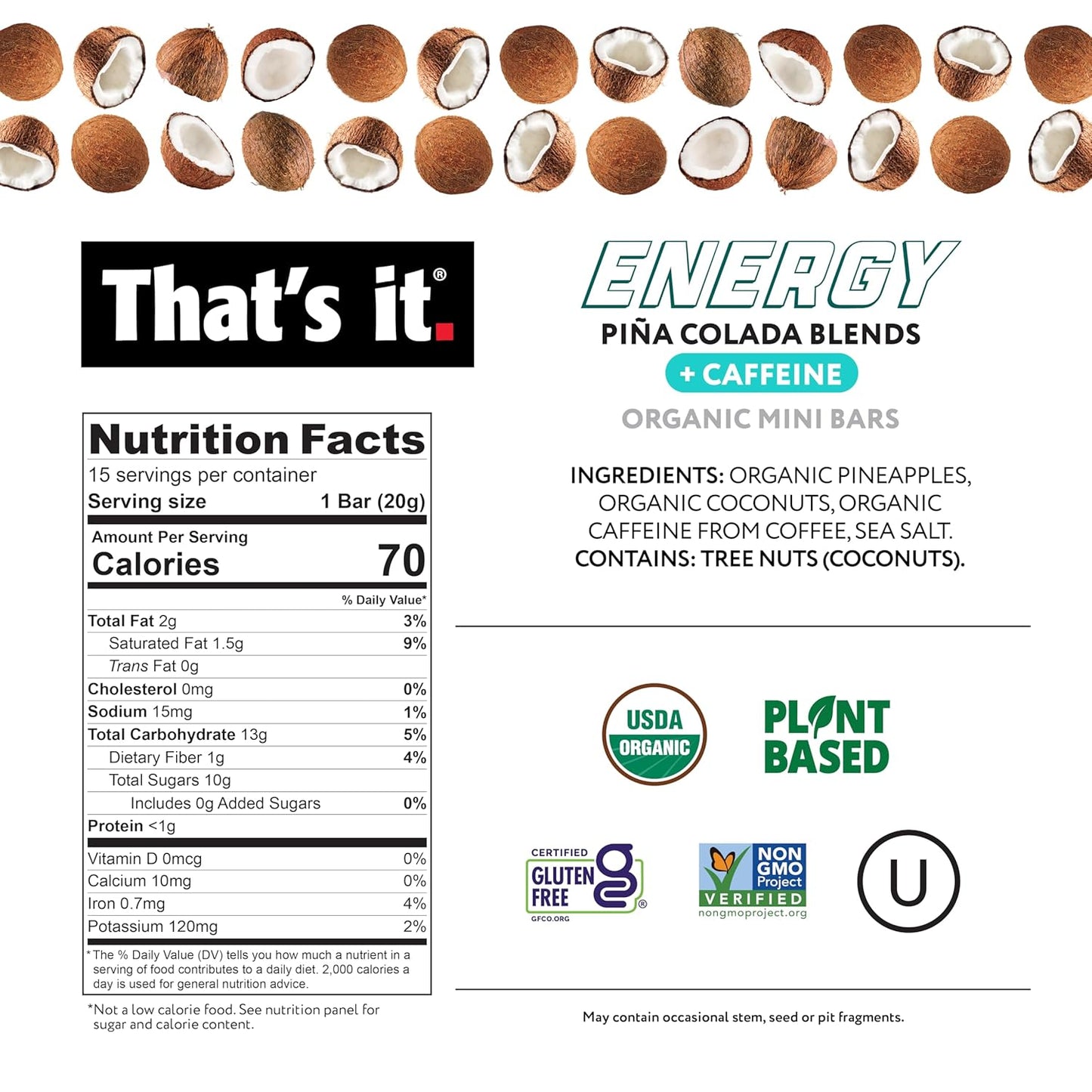 Piña Colada Energy Mini Bars (15 Count) - Pineapple Coconut Caffeine Blends, Allergy-Friendly, Non-GMO, Gluten Free Snacks