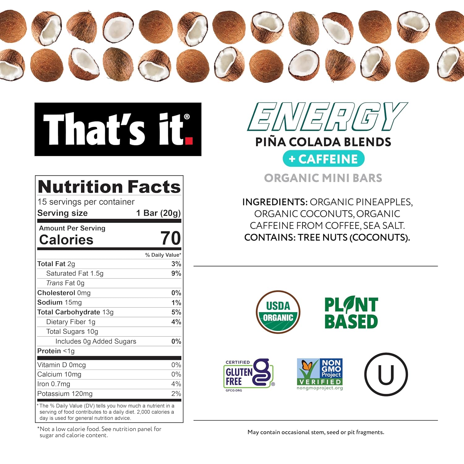 Piña Colada Energy Mini Bars (15 Count) - Pineapple Coconut Caffeine Blends, Allergy-Friendly, Non-GMO, Gluten Free Snacks
