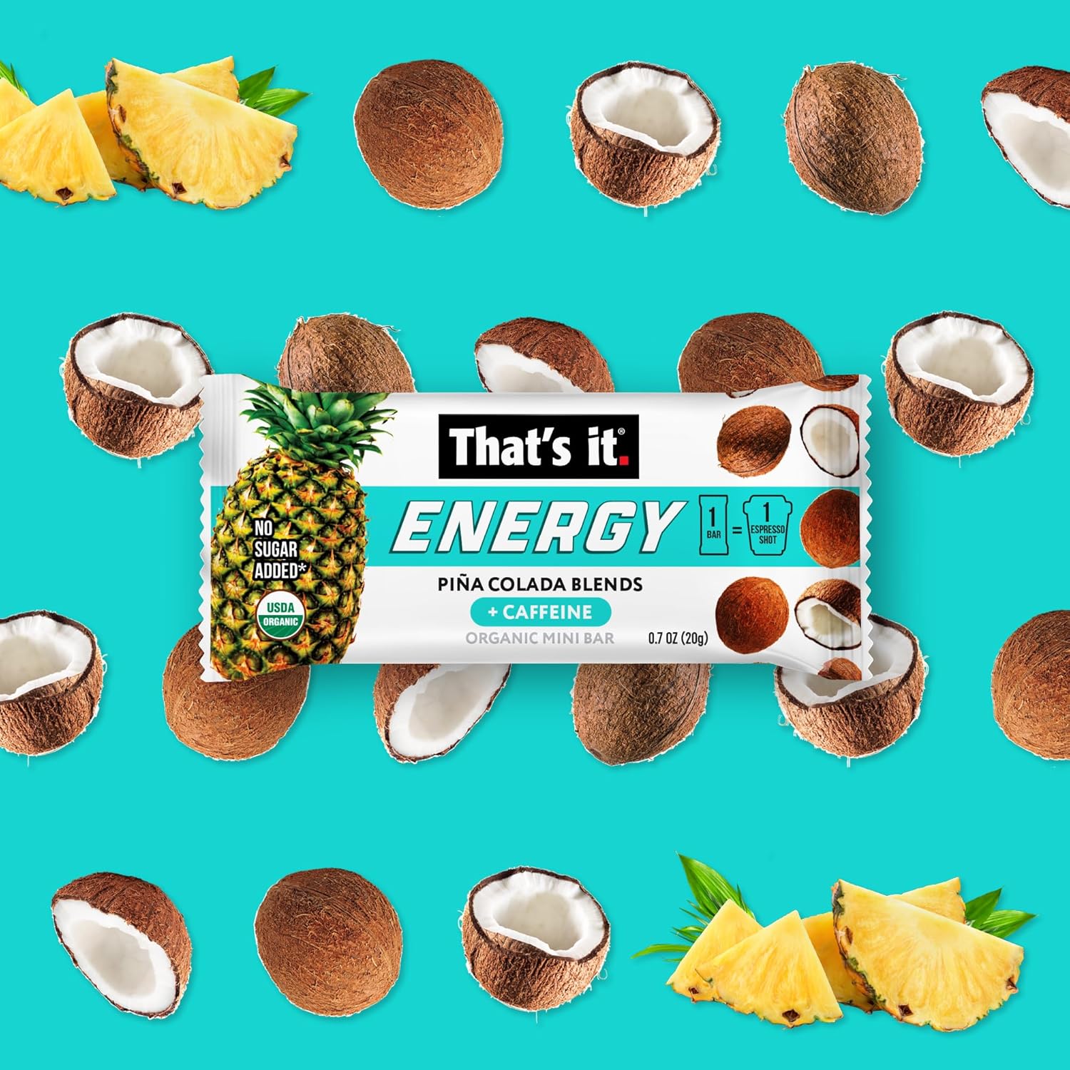 Piña Colada Energy Mini Bars (15 Count) - Pineapple Coconut Caffeine Blends, Allergy-Friendly, Non-GMO, Gluten Free Snacks