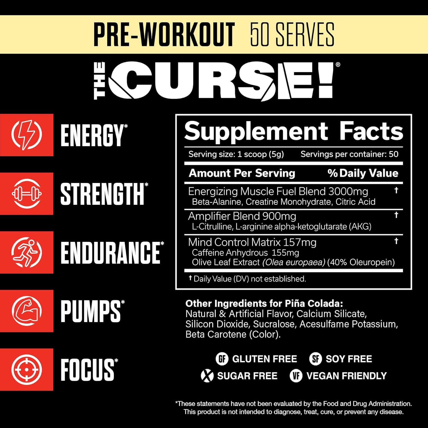 Pina Colada Pre Workout Powder - Boost Strength, Energy & Focus for Men & Women with Caffeine, Beta-Alanine, Creatine & L-Citrulline - 50 Servings