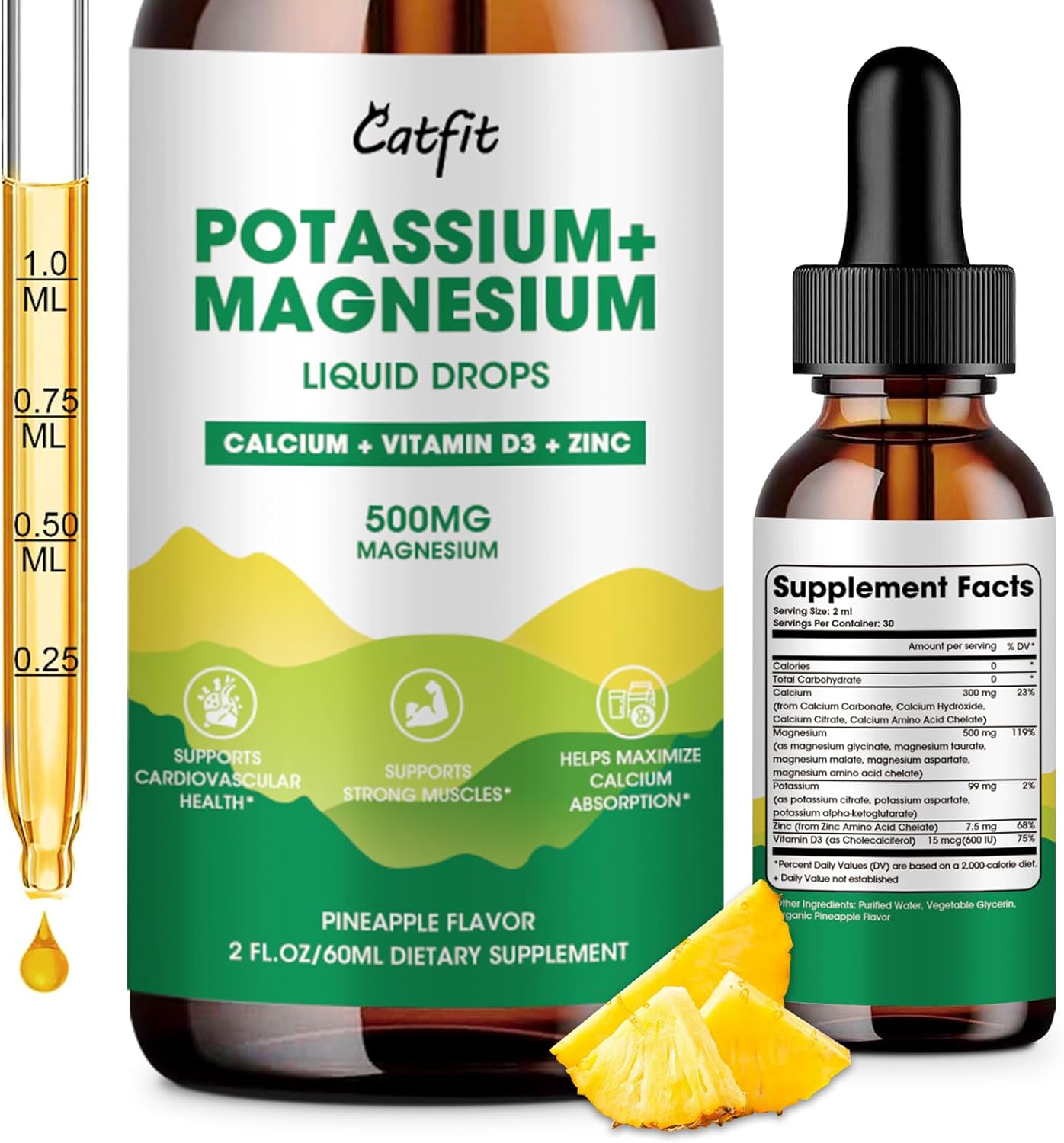 Pineapple Flavored Catfit Potassium Magnesium Liquid Supplement for Calm Sleep and Muscle Energy