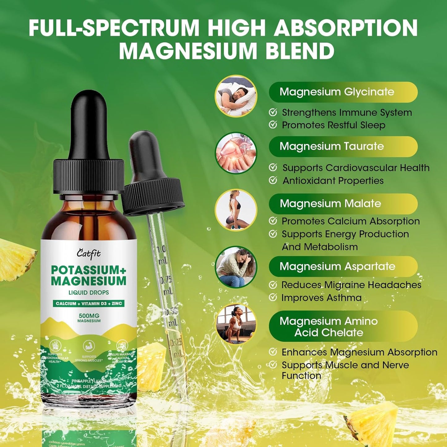 Pineapple Flavored Catfit Potassium Magnesium Liquid Supplement for Calm Sleep and Muscle Energy