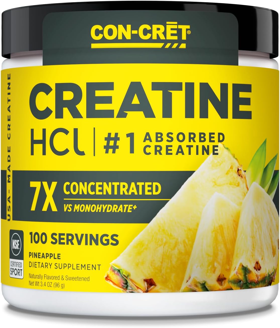 Pineapple Flavored CON-CRET Creatine HCl Powder for Muscle, Cognitive, and Cellular Energy Support - No Bloating or Cramps - USA Made & NSF Certified - 100 Servings