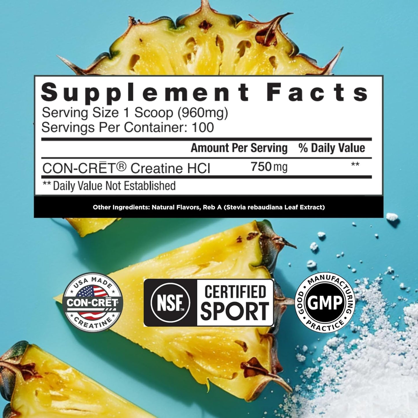 Pineapple Flavored CON-CRET Creatine HCl Powder for Muscle, Cognitive, and Cellular Energy Support - No Bloating or Cramps - USA Made & NSF Certified - 100 Servings