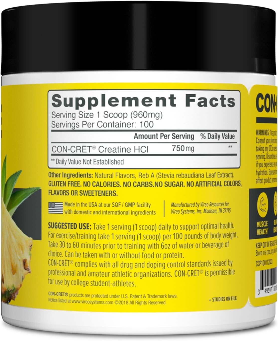 Pineapple Flavored CON-CRET Creatine HCl Powder for Muscle, Cognitive, and Cellular Energy Support - No Bloating or Cramps - USA Made & NSF Certified - 100 Servings
