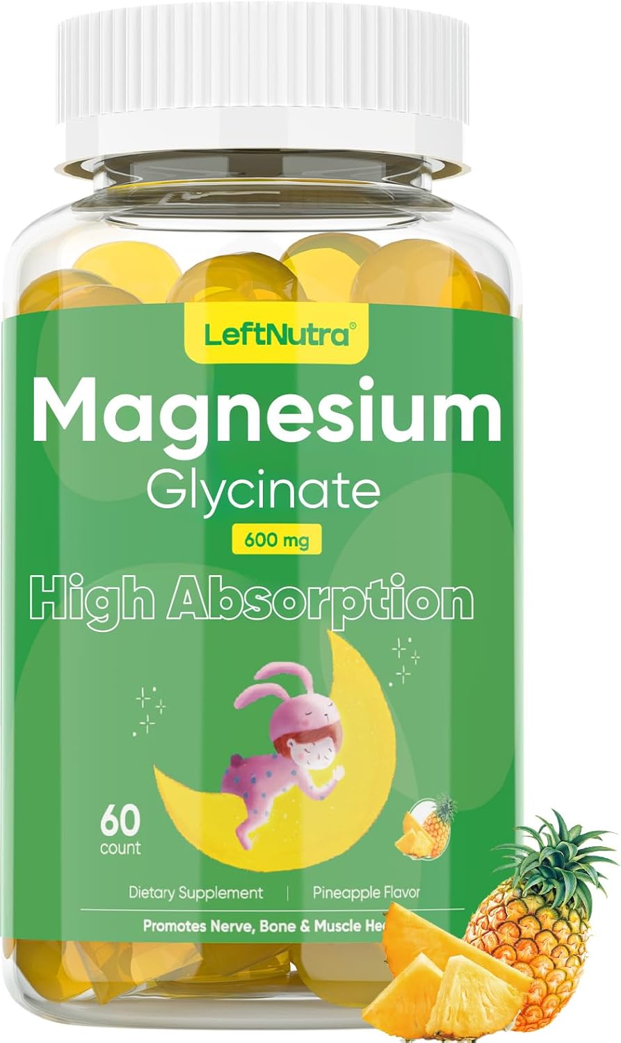 Pineapple Flavored Magnesium Glycinate Gummies 600mg - Natural Sleep Aid and Stress Relief for Adults - 60 Count