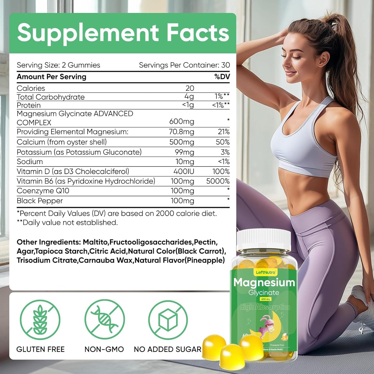 Pineapple Flavored Magnesium Glycinate Gummies 600mg - Natural Sleep Aid and Stress Relief for Adults - 60 Count