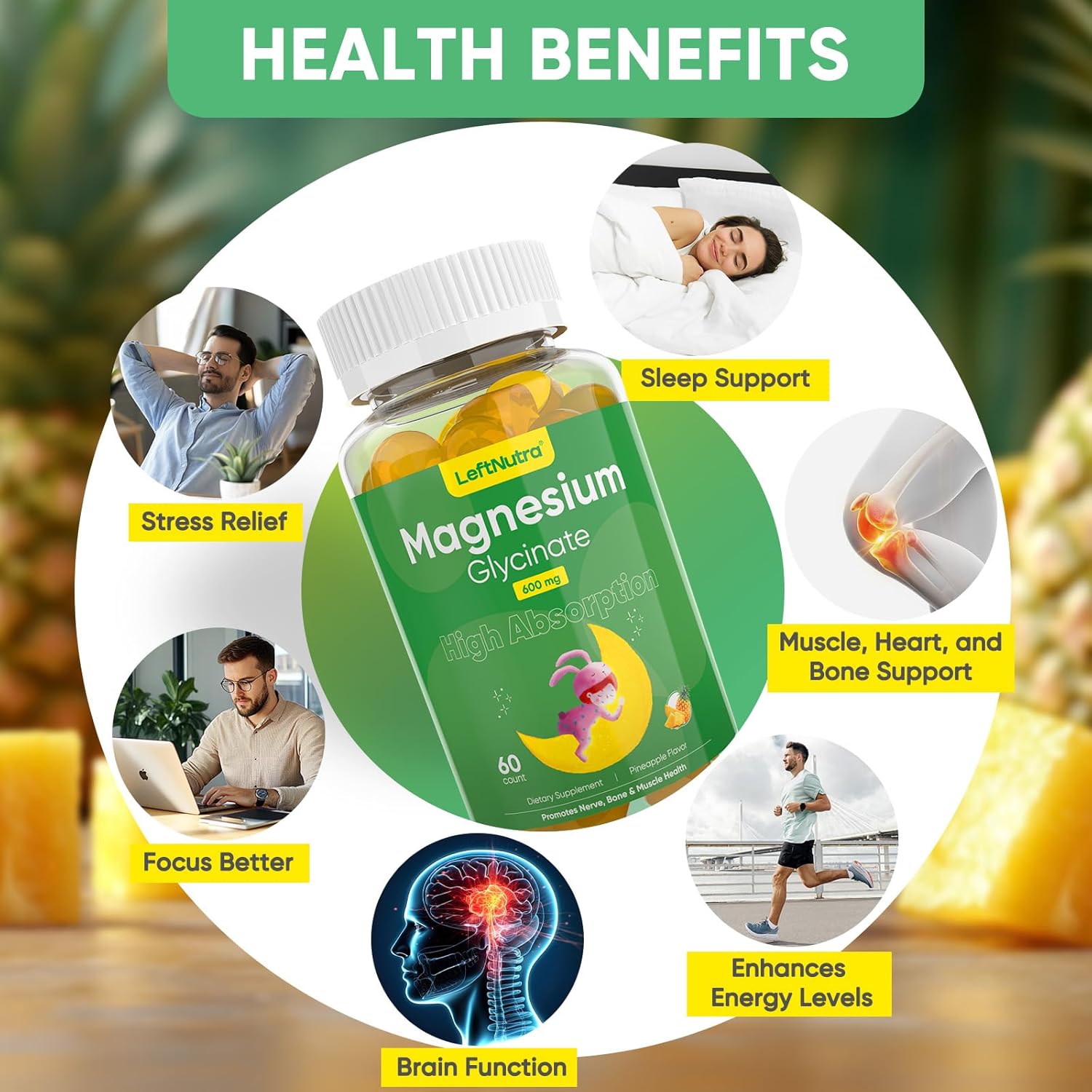 Pineapple Flavored Magnesium Glycinate Gummies 600mg - Natural Sleep Aid and Stress Relief for Adults - 60 Count