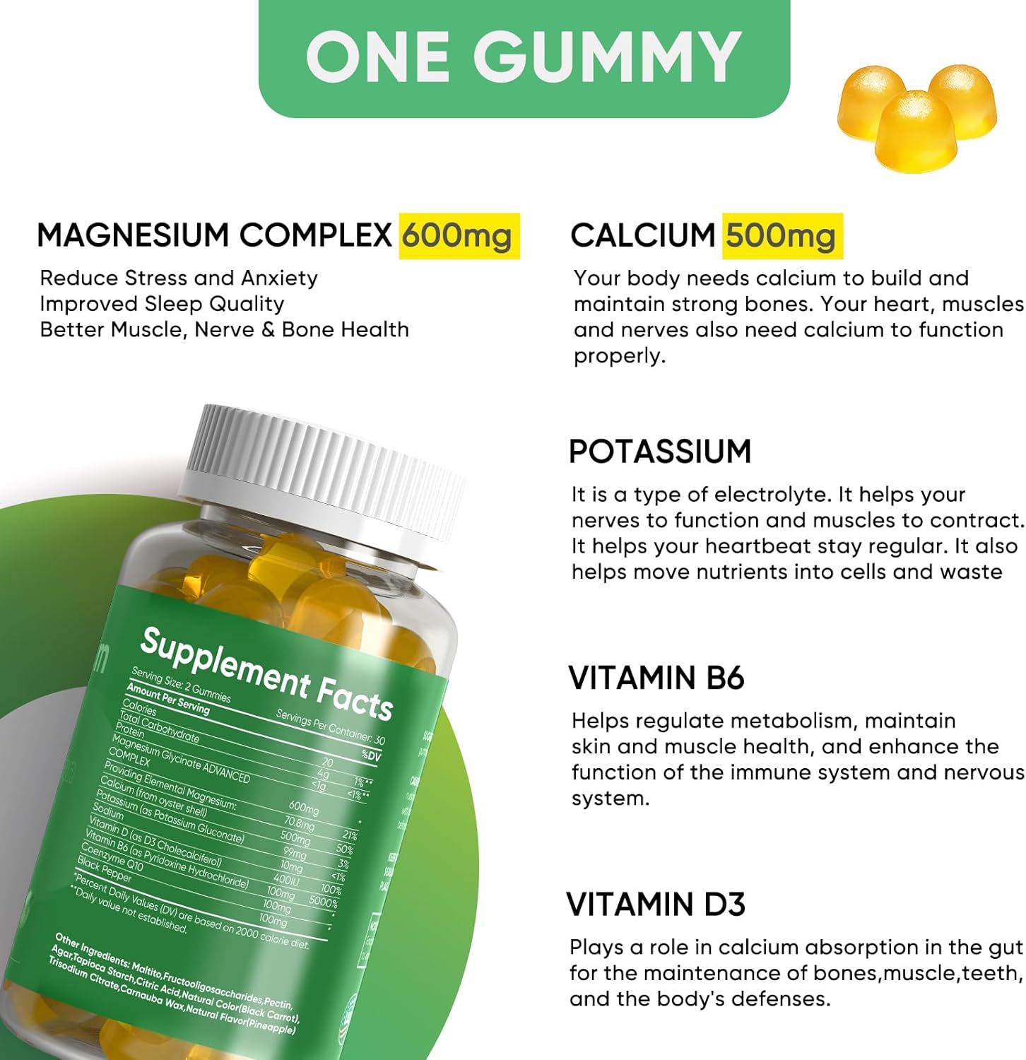 Pineapple Flavored Magnesium Glycinate Gummies 600mg - Natural Sleep Aid and Stress Relief for Adults - 60 Count