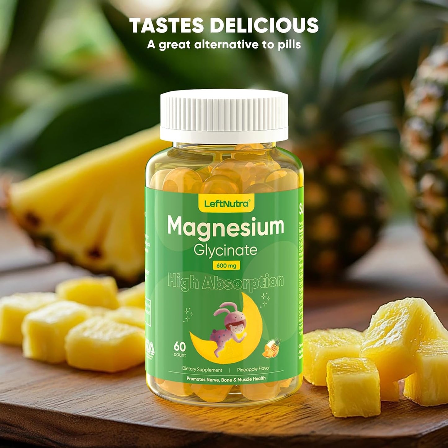 Pineapple Flavored Magnesium Glycinate Gummies 600mg - Natural Sleep Aid and Stress Relief for Adults - 60 Count