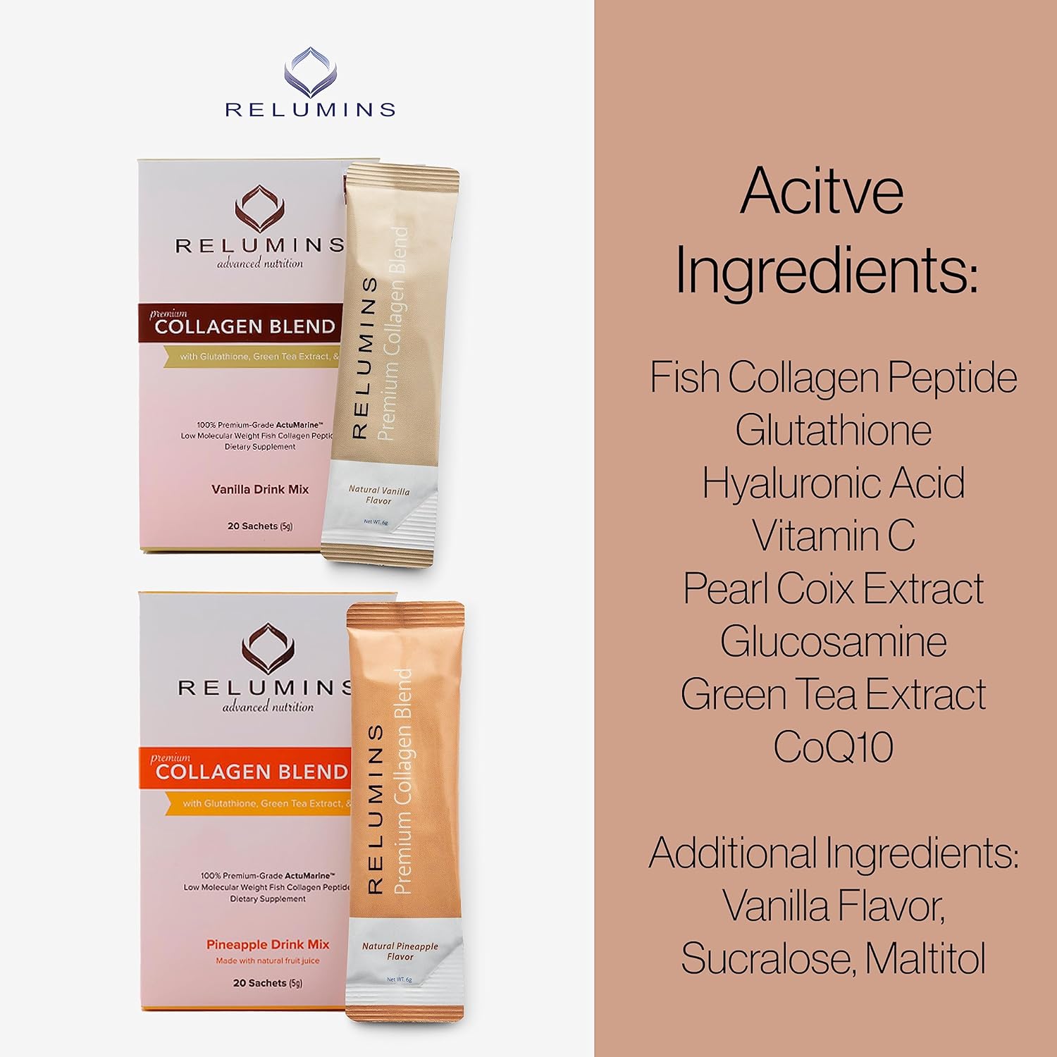 Pineapple Flavored Marine Collagen Powder Drink Mix with Glutathione, Green Tea, CoQ10, & Hyaluronic Acid for Glowing Skin - 110 Sachets