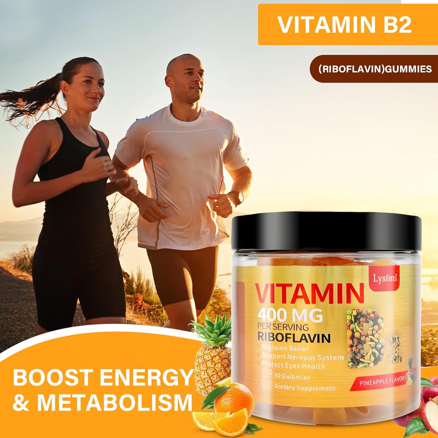 Pineapple Flavored Smilamo Vitamin B2 Soft Candy for Kids & Adults - 90 Soft Candies with Magnesium, CoQ10, Riboflavin 400mg - Migraine & Headache Relief