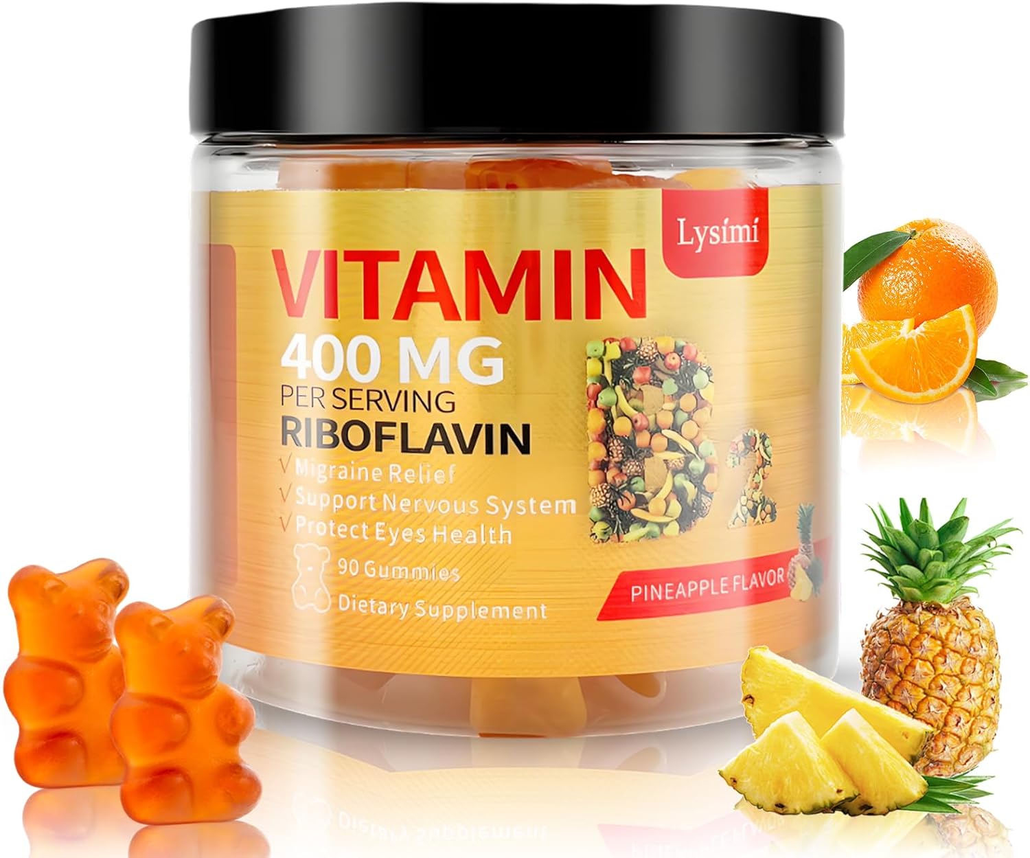 Pineapple Flavored Vitamin B2 400 mg Gummies with Magnesium & CoQ10 - 90 Chewables for Migraine Relief & Nervous System Support