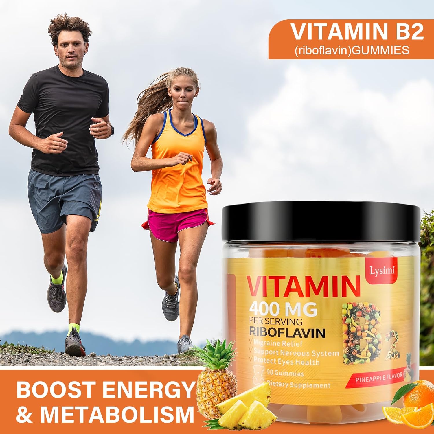 Pineapple Flavored Vitamin B2 400 mg Gummies with Magnesium & CoQ10 - 90 Chewables for Migraine Relief & Nervous System Support