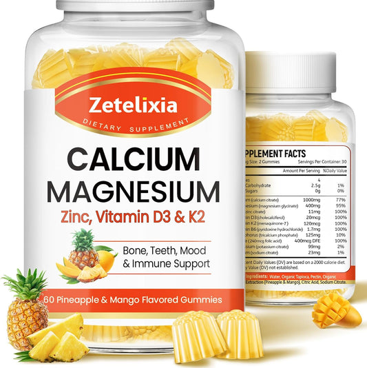 Pineapple & Mango Flavored Calcium Gummies with Vitamin D3 & K2 - 120 Count for Bone, Muscle, and Joint Health