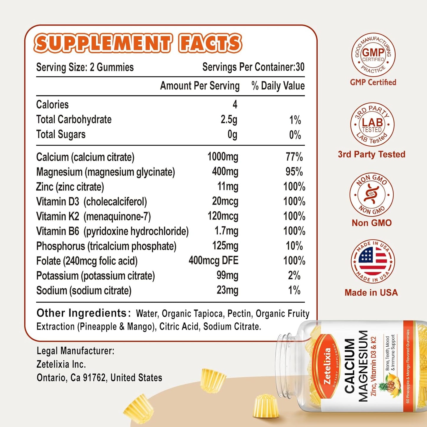 Pineapple & Mango Flavored Calcium Gummies with Vitamin D3 & K2 - 120 Count for Bone, Muscle, and Joint Health