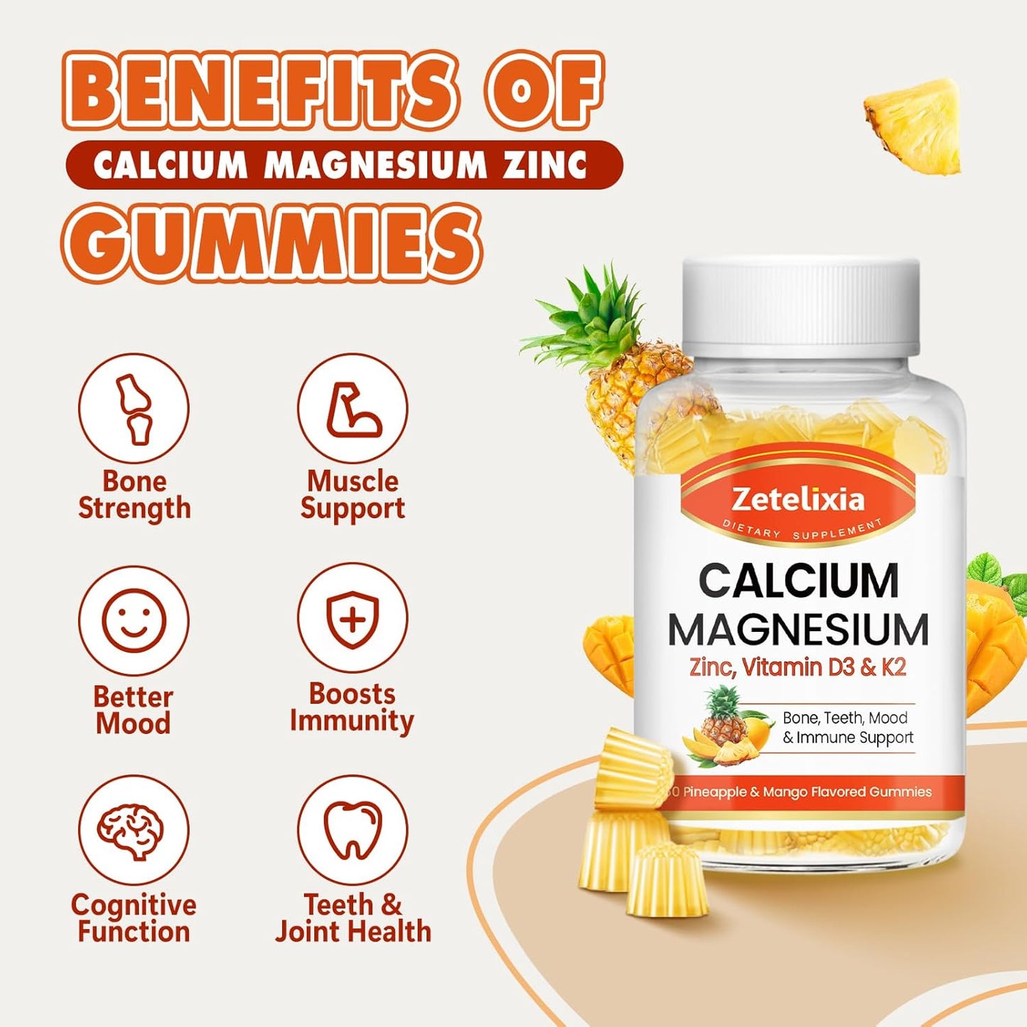 Pineapple & Mango Flavored Calcium Gummies with Vitamin D3 & K2 - 120 Count for Bone, Muscle, and Joint Health