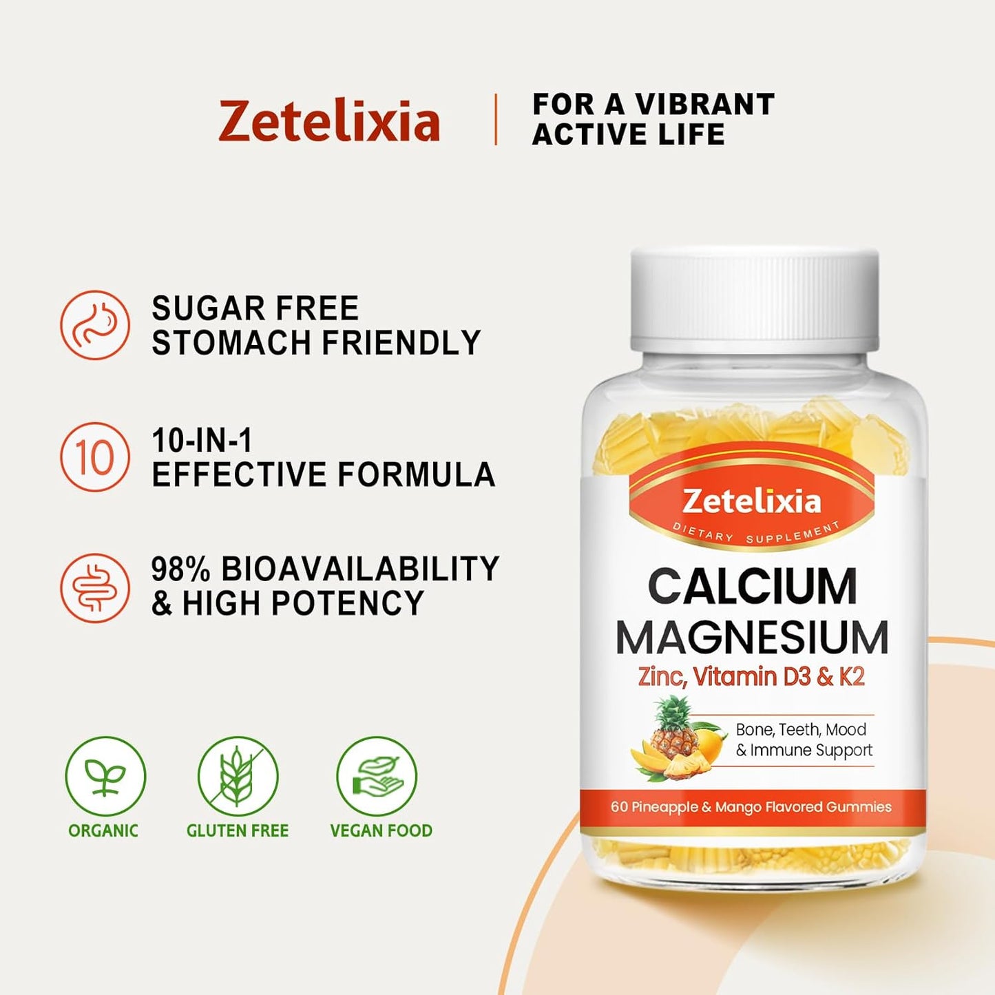 Pineapple & Mango Flavored Calcium Gummies with Vitamin D3 & K2 - 120 Count for Bone, Muscle, and Joint Health