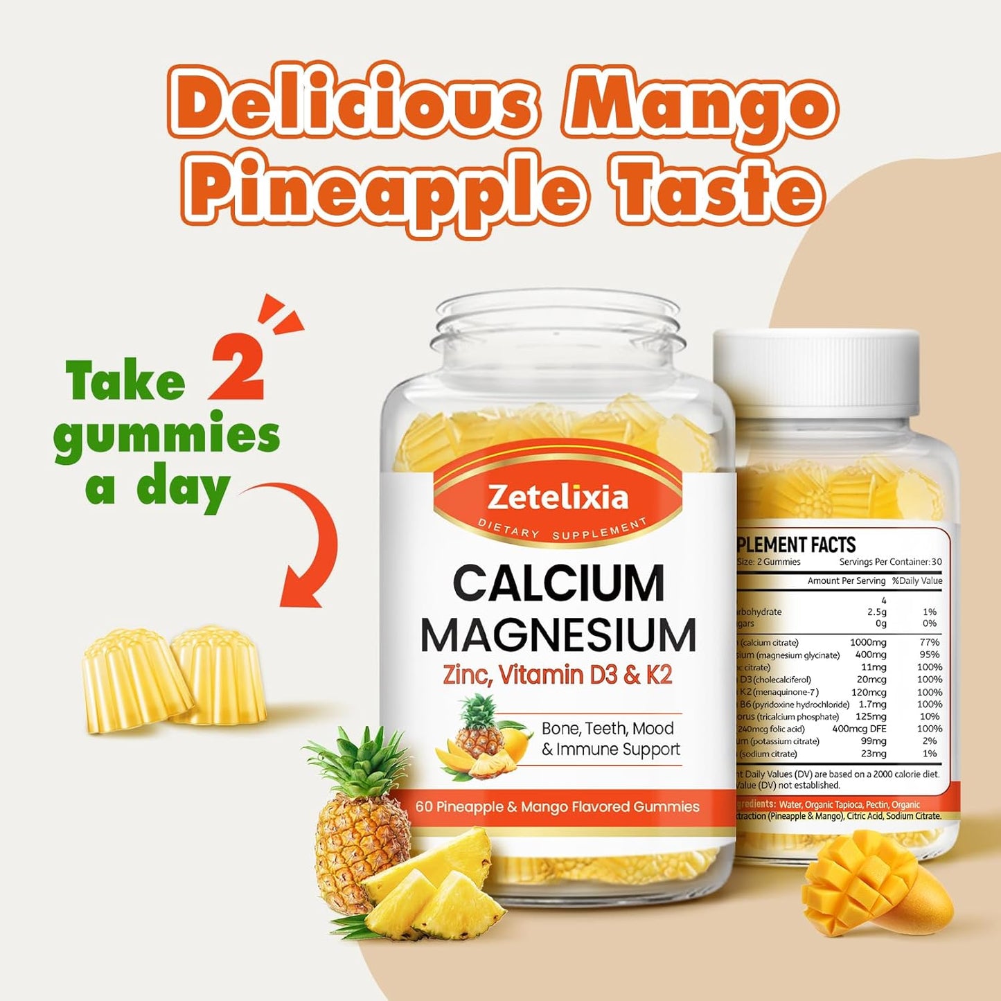 Pineapple & Mango Flavored Calcium Gummies with Vitamin D3 & K2 - 120 Count for Bone, Muscle, and Joint Health