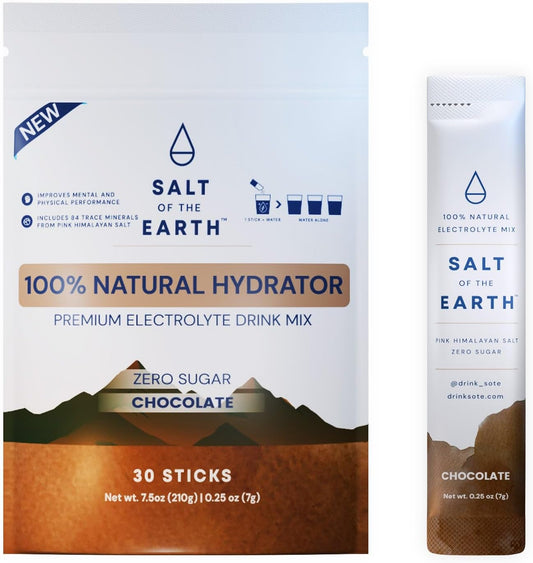 Pink Himalayan Salt Electrolyte Hydration Powder Packets - Zero-Sugar, Premium Ingredients, Keto & Paleo Friendly - 30 Chocolate Sticks
