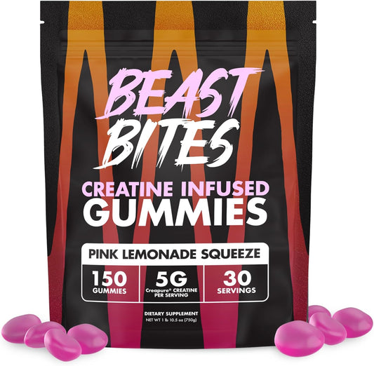Pink Lemonade Flavor Vegan Creatine Gummies - 5g Creatine Monohydrate Per Serving - Low-Calorie - Made in USA - 30 Servings