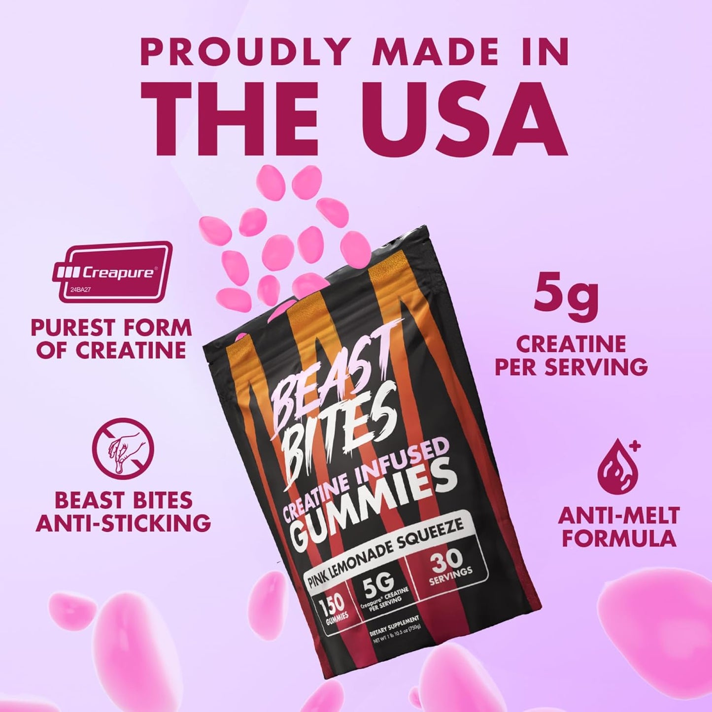 Pink Lemonade Flavor Vegan Creatine Gummies - 5g Creatine Monohydrate Per Serving - Low-Calorie - Made in USA - 30 Servings