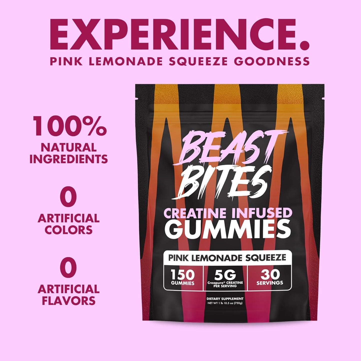 Pink Lemonade Flavor Vegan Creatine Gummies - 5g Creatine Monohydrate Per Serving - Low-Calorie - Made in USA - 30 Servings