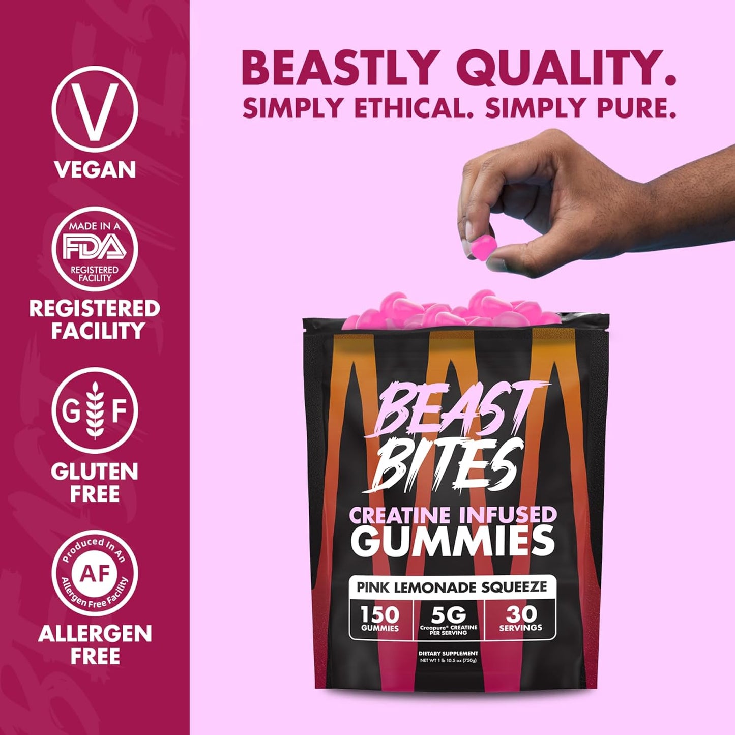 Pink Lemonade Flavor Vegan Creatine Gummies - 5g Creatine Monohydrate Per Serving - Low-Calorie - Made in USA - 30 Servings