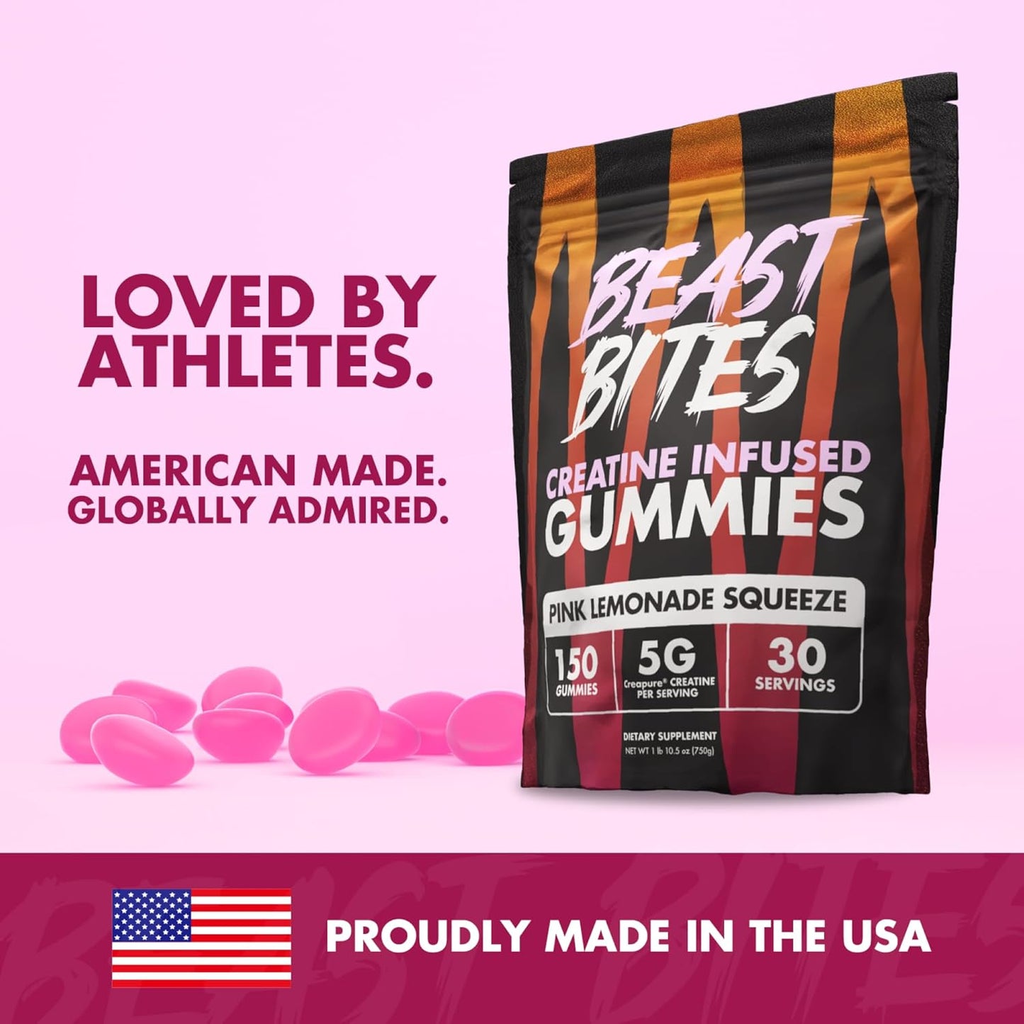 Pink Lemonade Flavor Vegan Creatine Gummies - 5g Creatine Monohydrate Per Serving - Low-Calorie - Made in USA - 30 Servings