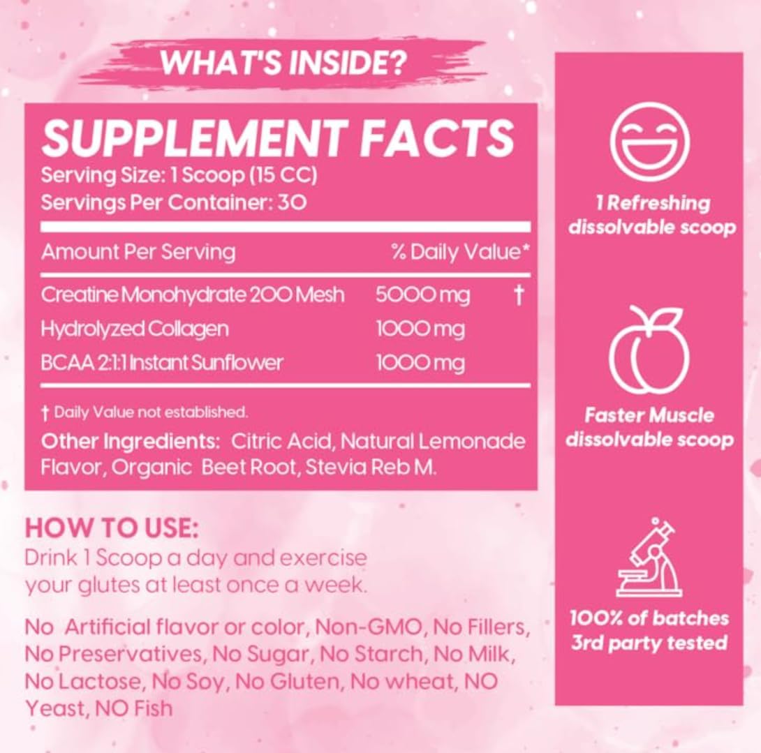 Pink Lemonade Glute Pump Formula for Women - Muscle Gain & Booty Growth Enhancer with BCAAs, Collagen, and Creatine Blend