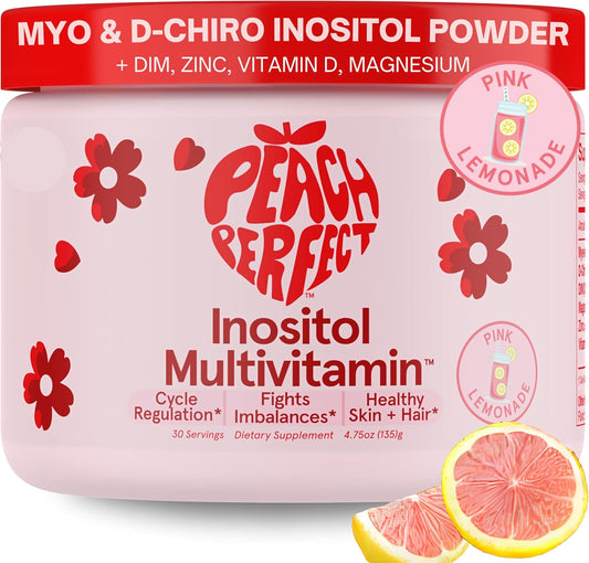 Pink Lemonade Peach Perfect Inositol Powder: Women's Health Multivitamin with Myo-Inositol, D-Chiro Inositol, DIM, Zinc, Magnesium, Vitamin D3 - 30 Servings