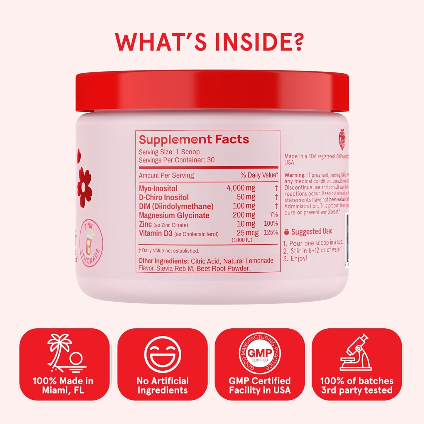 Pink Lemonade Peach Perfect Inositol Powder: Women's Health Multivitamin with Myo-Inositol, D-Chiro Inositol, DIM, Zinc, Magnesium, Vitamin D3 - 30 Servings