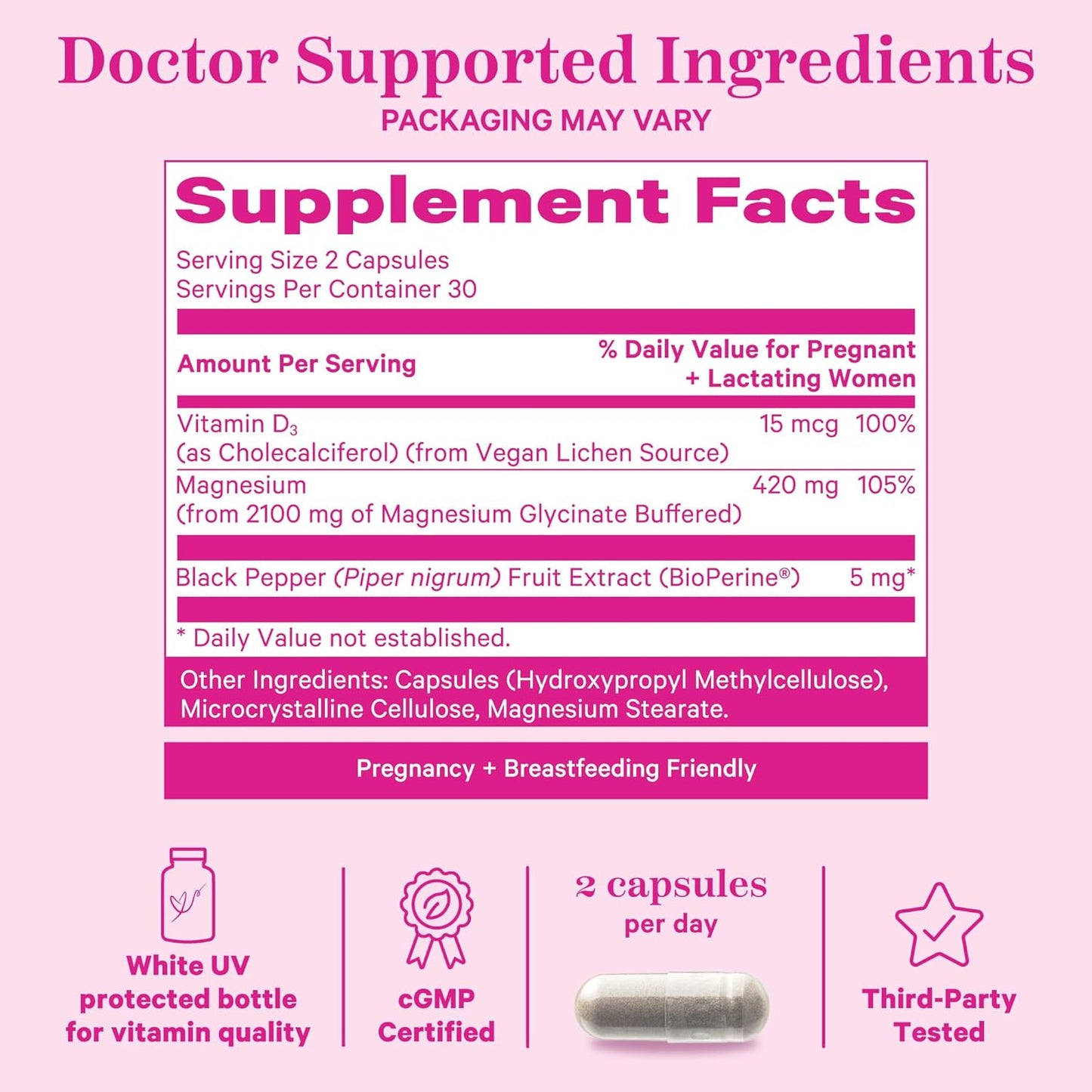 Pink Stork Magnesium Glycinate with Vitamin D - Women's Natural Calm Support Supplement - 2 Pack