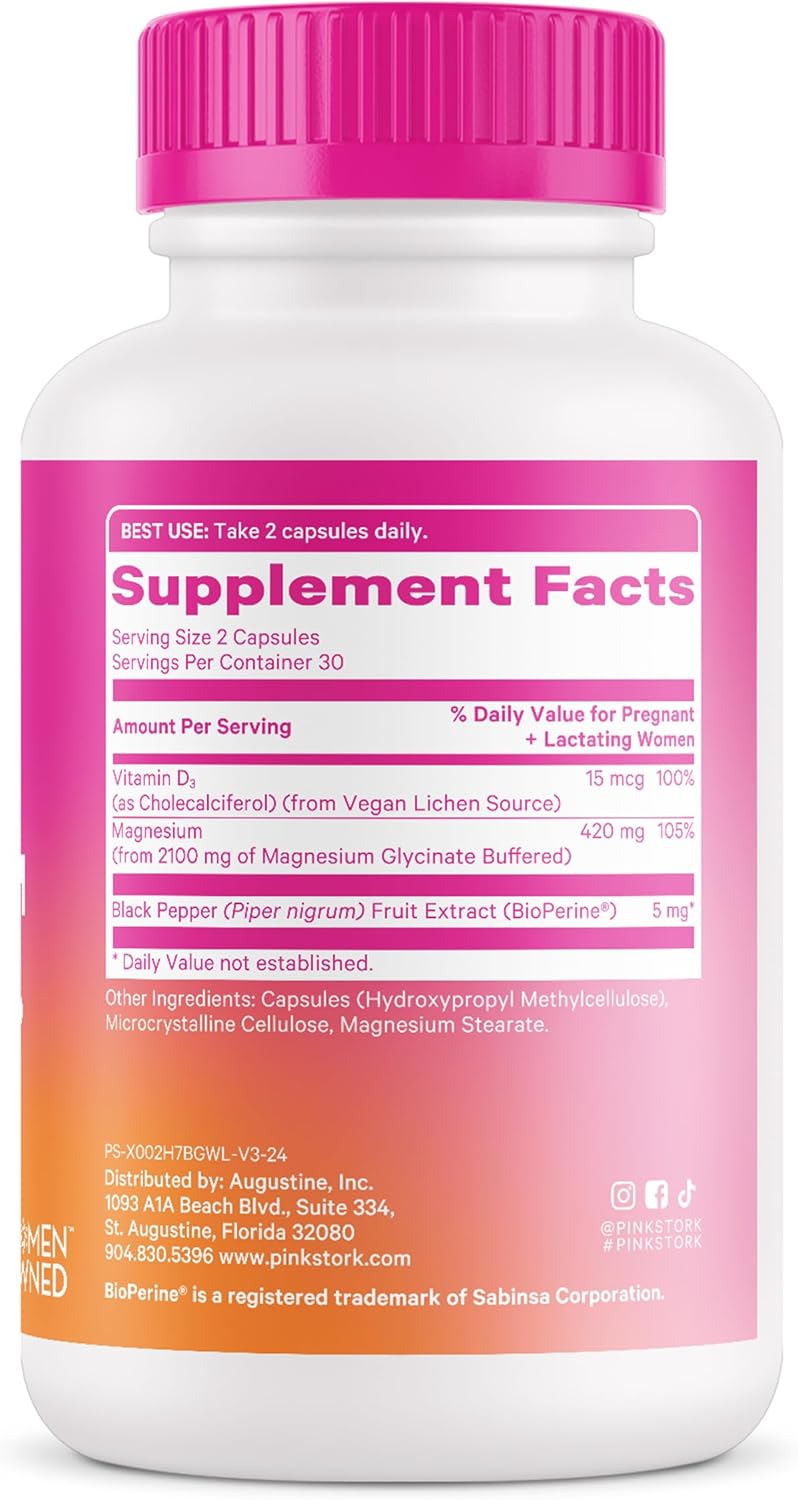 Pink Stork Magnesium Glycinate with Vitamin D - Women's Natural Calm Support Supplement - 2 Pack