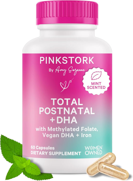 Pink Stork Postnatal Vitamins with Vegan DHA, Iron, Folate & Vitamin B12 - Mint Capsules for Postpartum Recovery - 1 Month Supply
