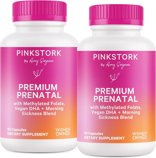 Pink Stork Premium Prenatal Vitamins with Probiotics for Morning Sickness, Digestion, & Energy - Folate, B6, & Iron - 120 Capsules
