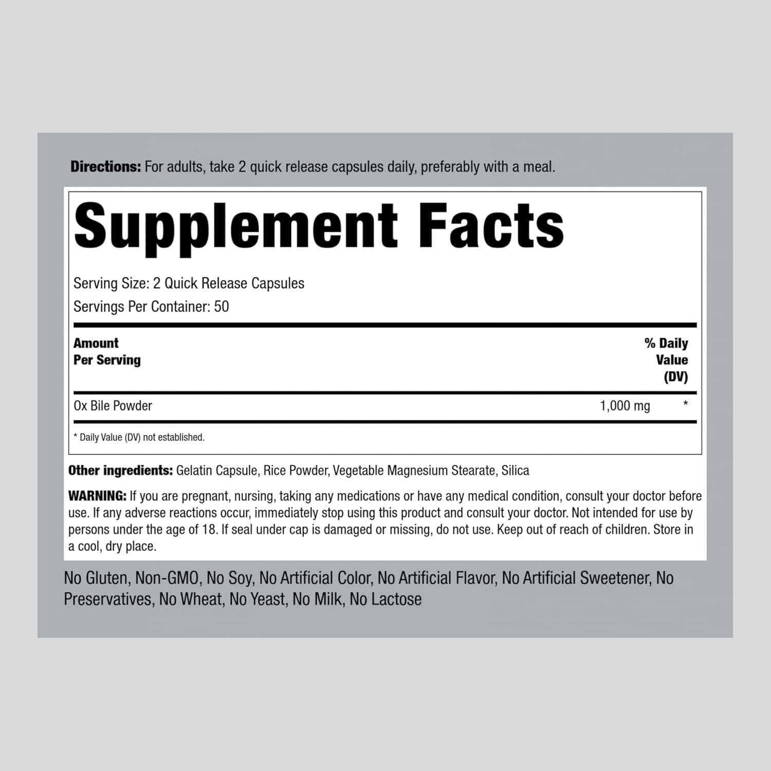 Piping Rock 1000mg Ox Bile Supplement - 100 Capsules, Non-GMO & Gluten Free Digestive Enzyme