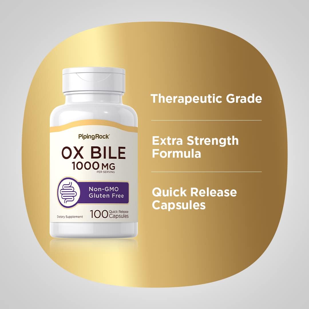 Piping Rock 1000mg Ox Bile Supplement - 100 Capsules, Non-GMO & Gluten Free Digestive Enzyme