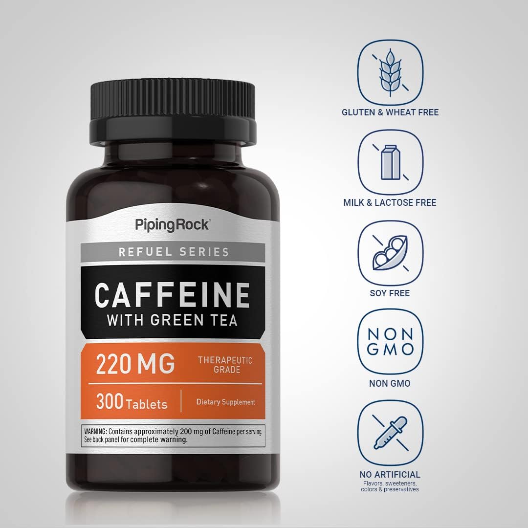 Piping Rock 220mg Caffeine Pills with Green Tea Extract - 300 Tablets | Vegetarian, Non-GMO, Gluten Free Supplement