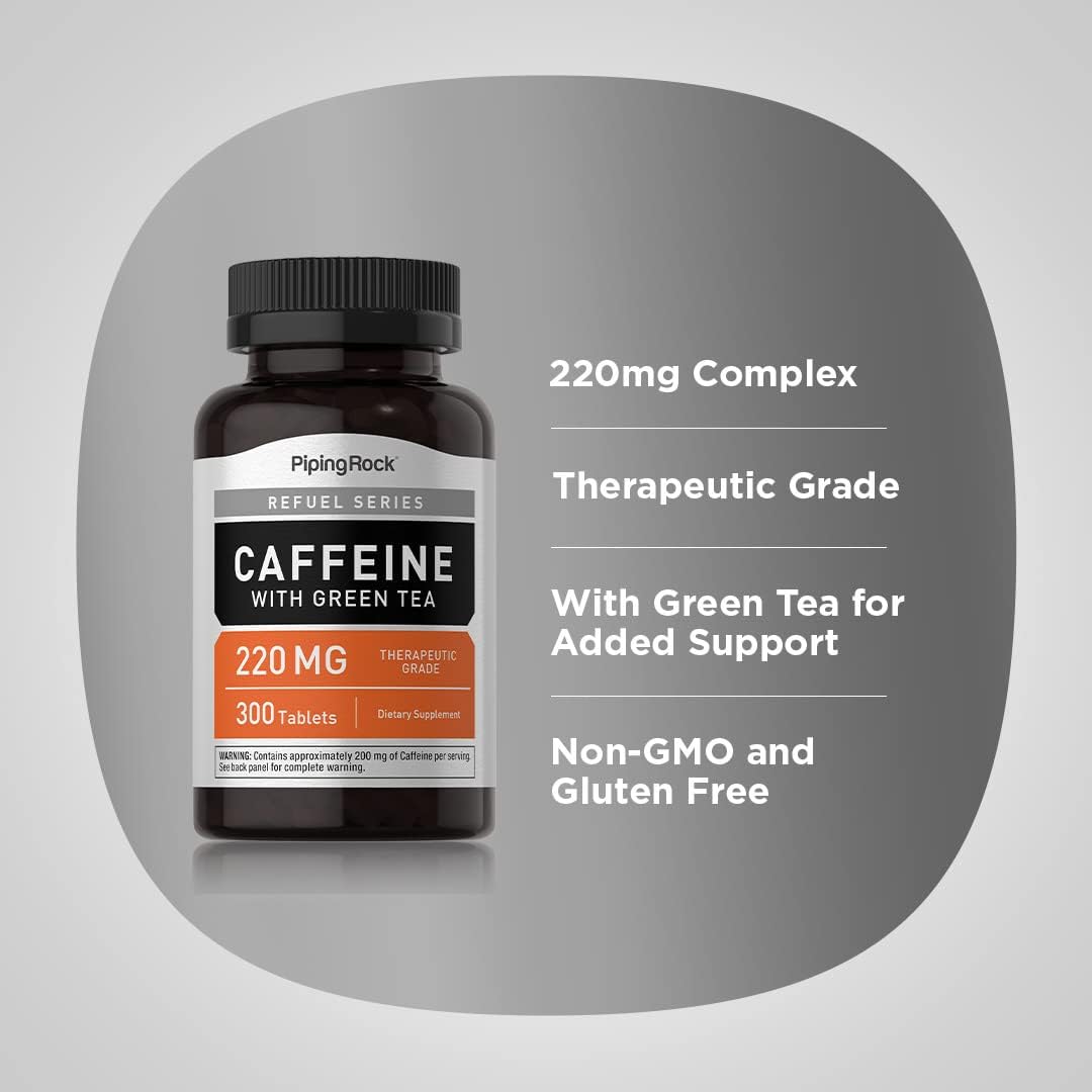 Piping Rock 220mg Caffeine Pills with Green Tea Extract - 300 Tablets | Vegetarian, Non-GMO, Gluten Free Supplement
