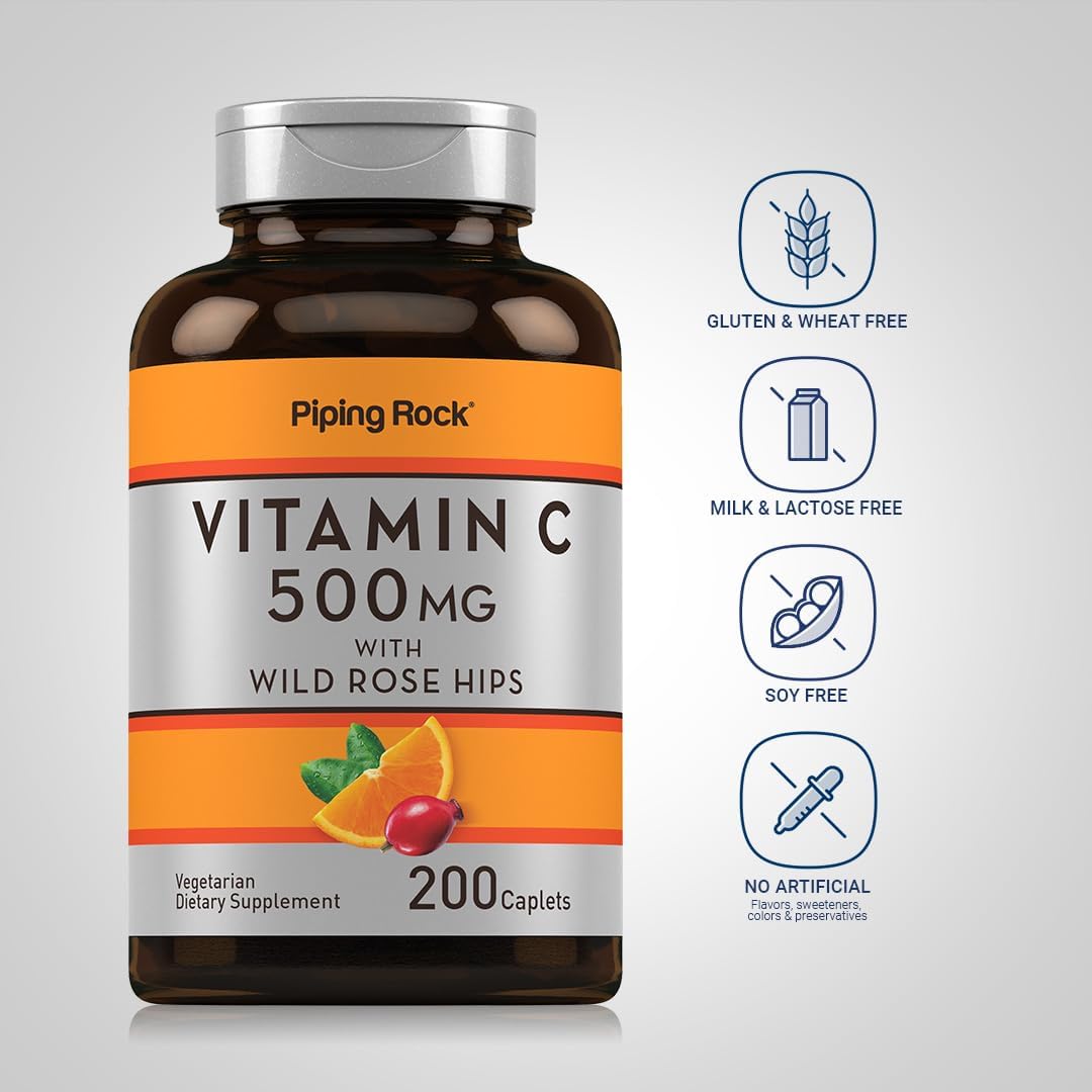 Piping Rock 500mg Vitamin C Caplets with Rose HIPS - Vegetarian, Non-GMO, Gluten Free