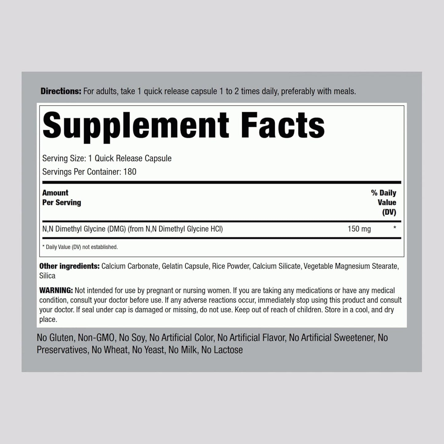 Piping Rock B15 DMG Supplement 150mg 180 Capsules Non-GMO Gluten Free