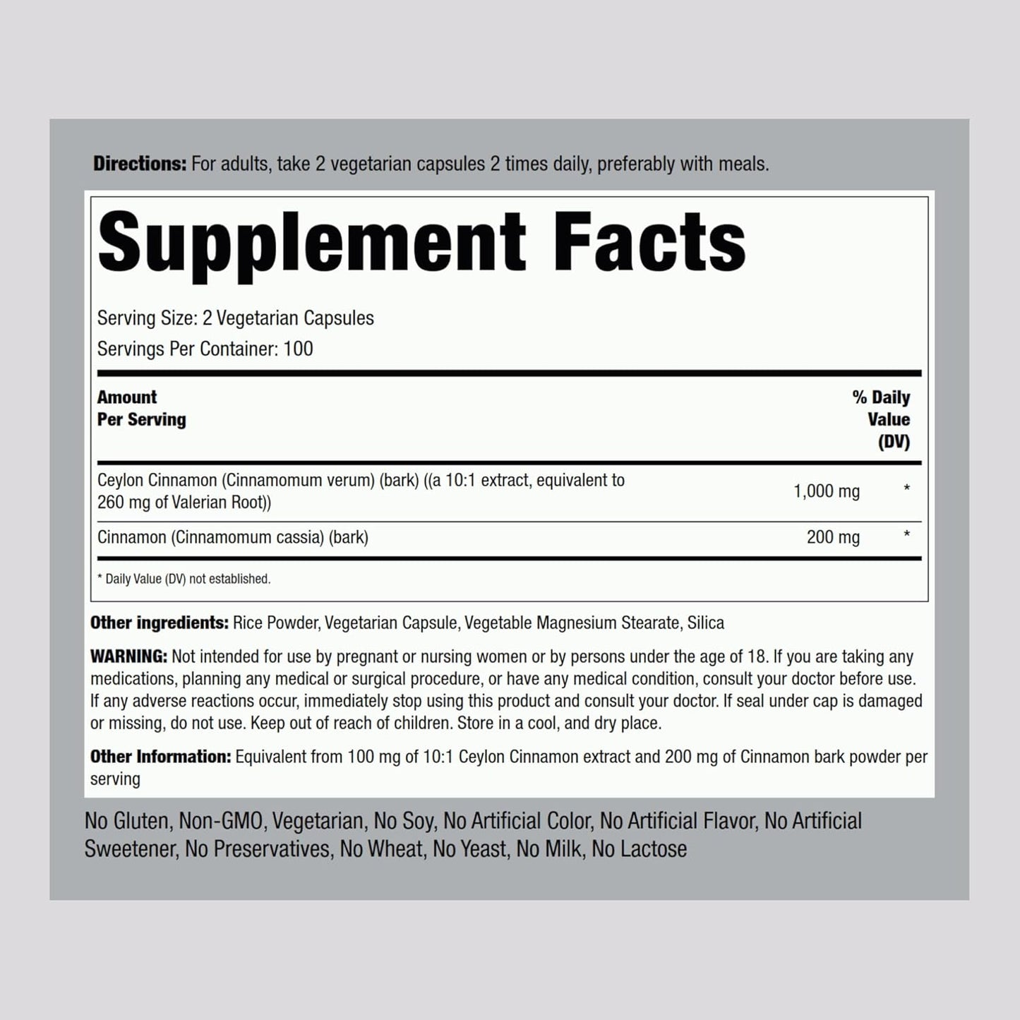 Piping Rock Ceylon Cinnamon Complex Capsules 1200 mg - 200 Count - Herbal Supplement - Vegetarian - Non-GMO - Gluten Free