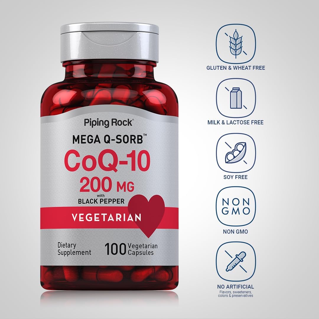 Piping Rock CoQ10 200mg Capsules | Mega Q Sorb | Vegetarian, Non-GMO, Gluten Free Supplement